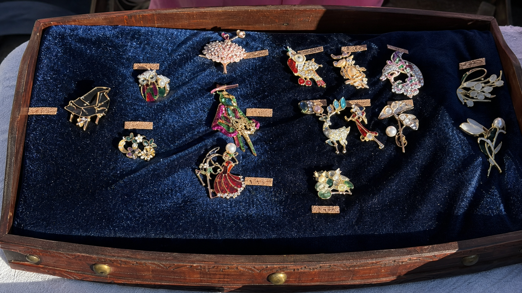 Close-up market photograph focused on the colourful Lucky Link brooch collection