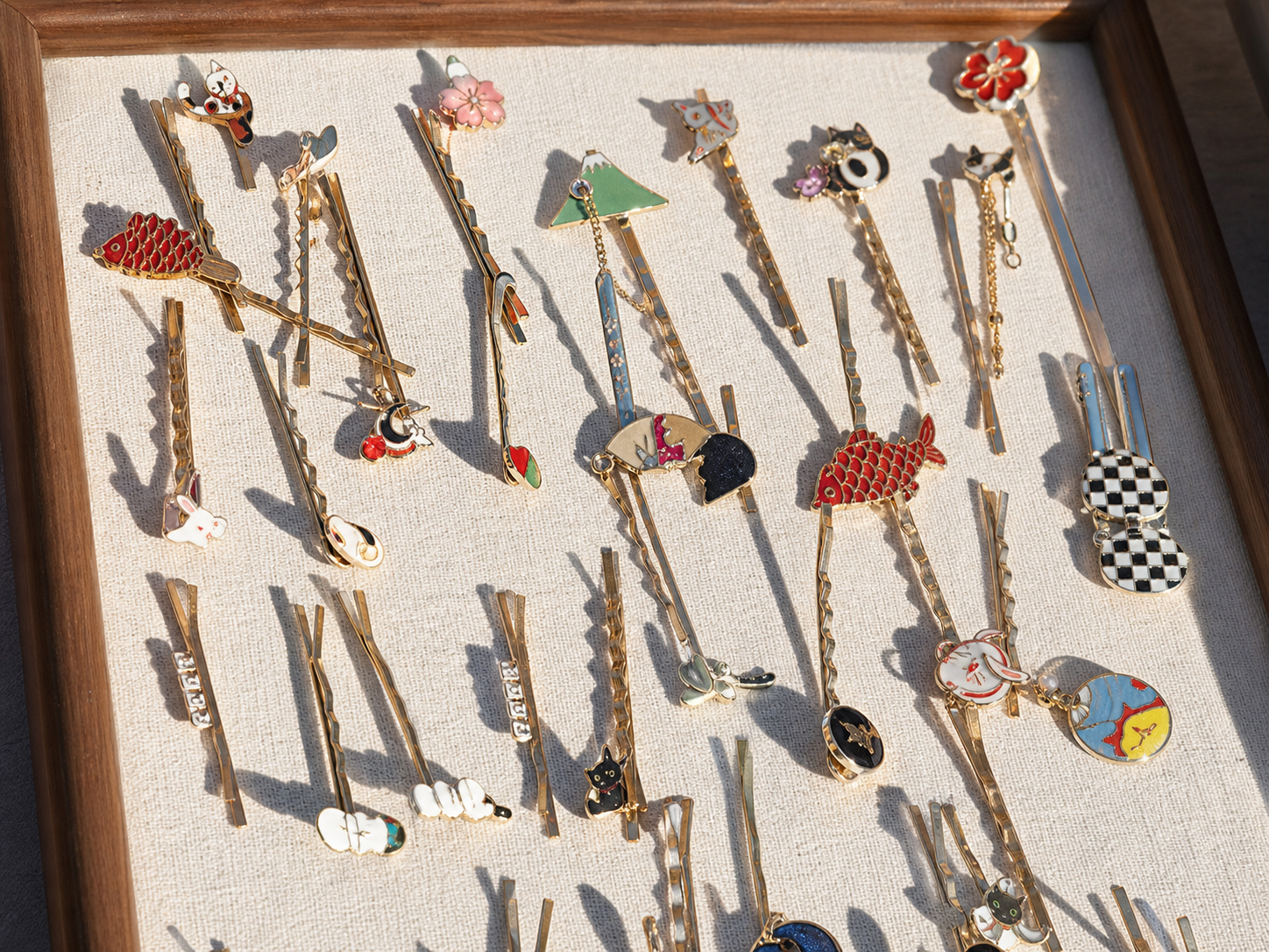 Close-up market photograph focused on decorative Lucky Link hair pins