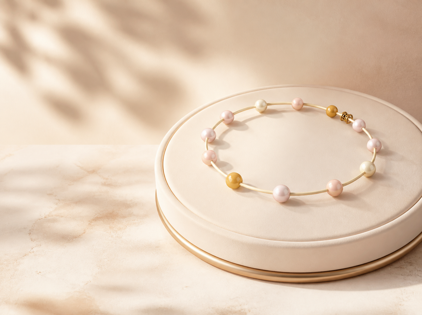 A Lucky Link bracelet with pearl, blush, and gold beads displayed on a cream jewellery stand